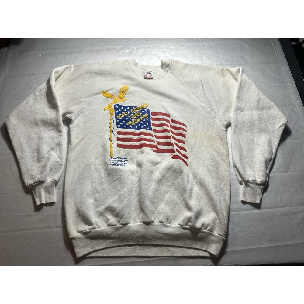 VTG 1991 God Bless Our Troops Sweatshirt XL USA Flag Eagle Rockford IL